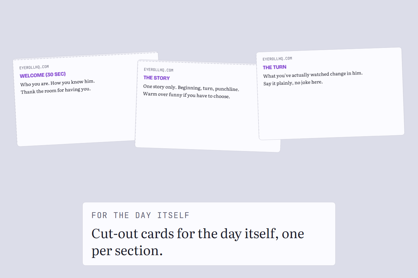 Three printable cue cards cropped from the real cut-out sheet