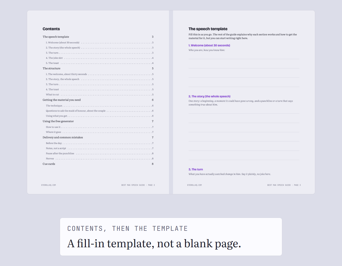 The guide's contents page next to its fill-in speech template page