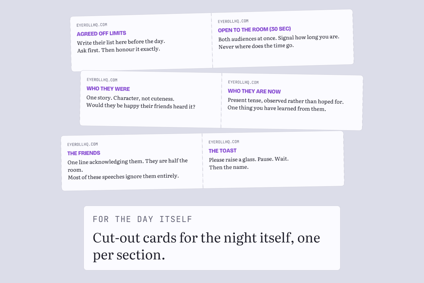 Cut-out cue cards, one per section of the speech