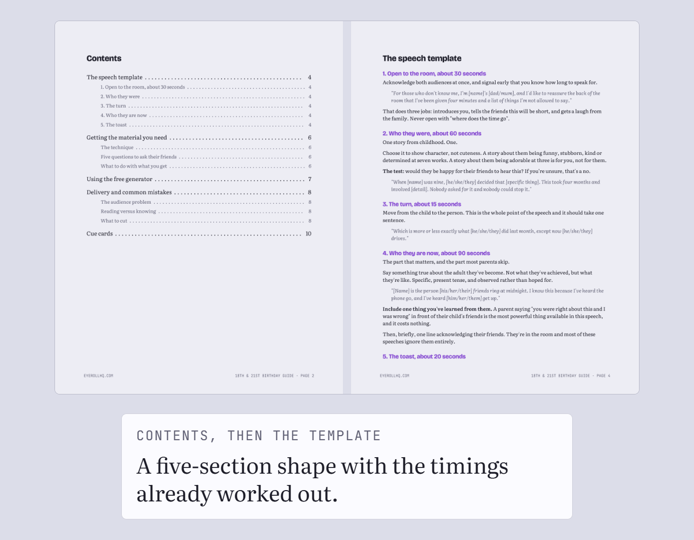 The guide's contents page next to its template page