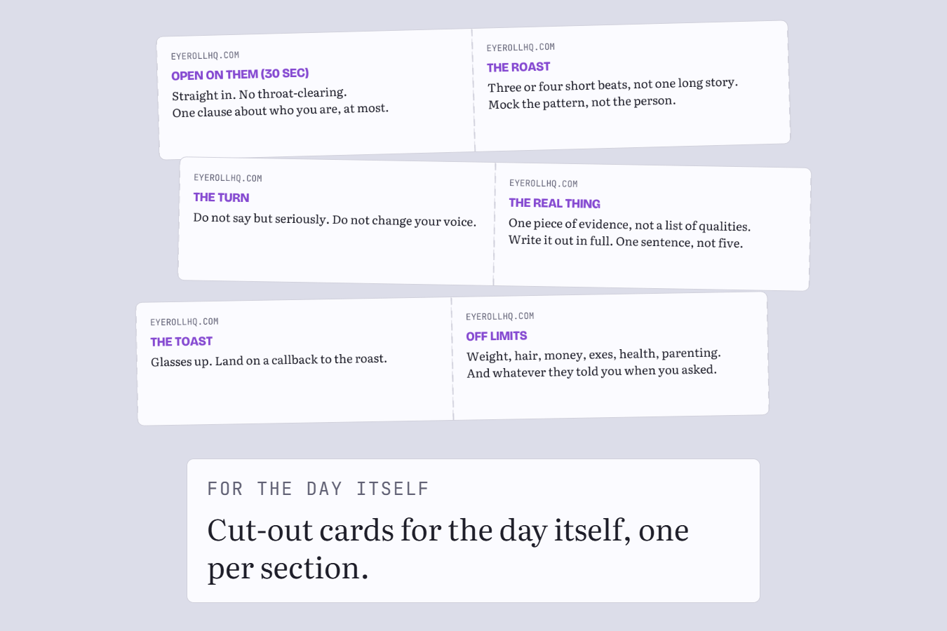 Cut-out cue cards, one per section of the speech