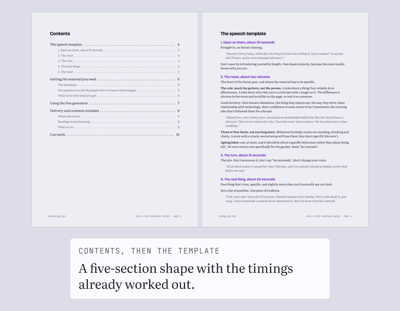 The guide's contents page next to its template page