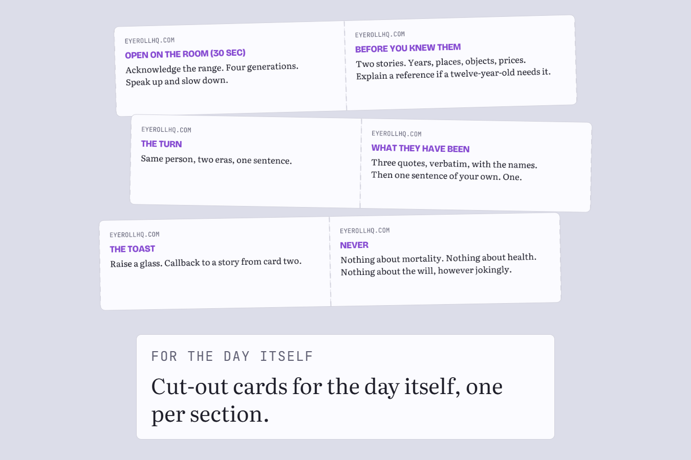 Cut-out cue cards, one per section of the speech