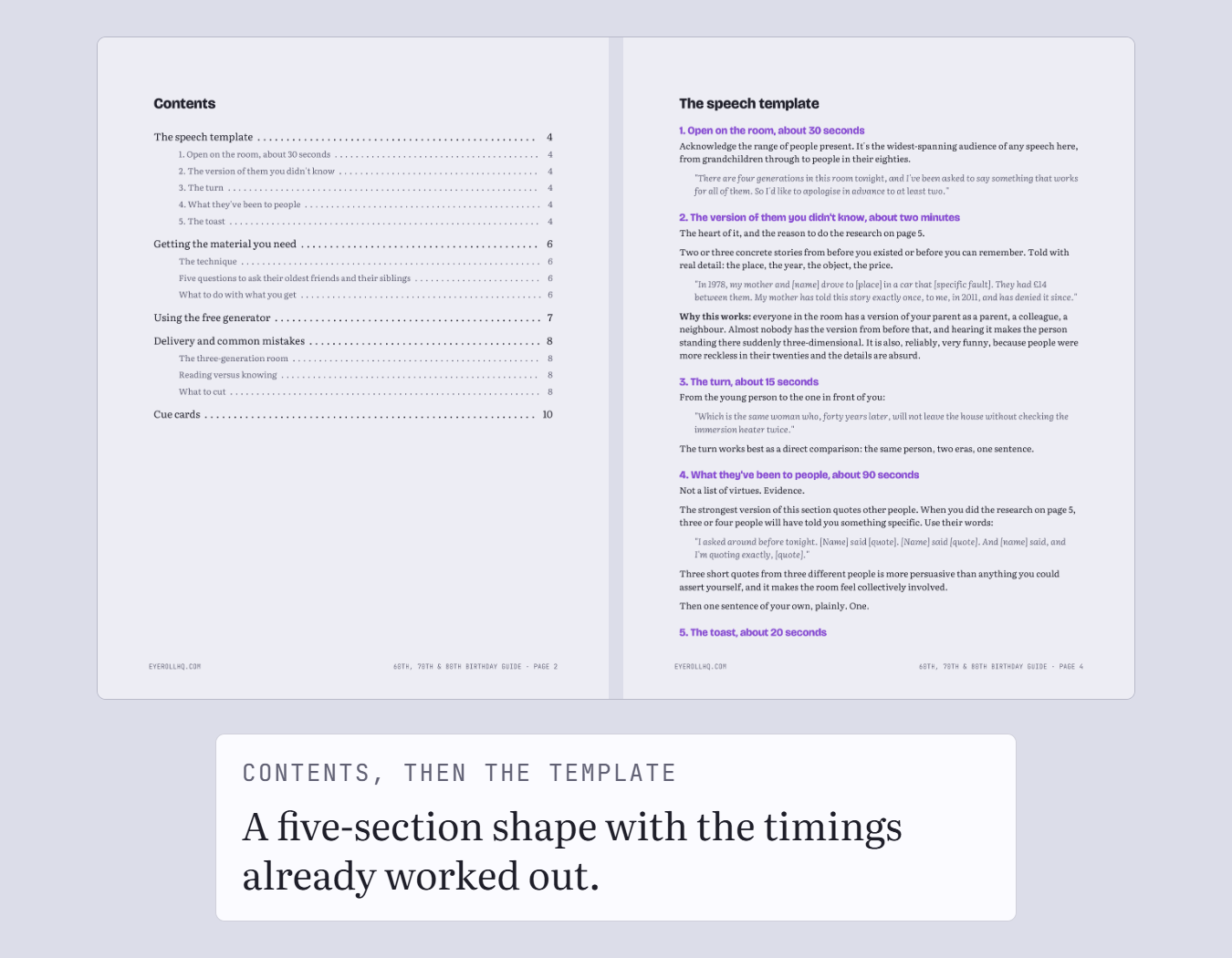 The guide's contents page next to its template page