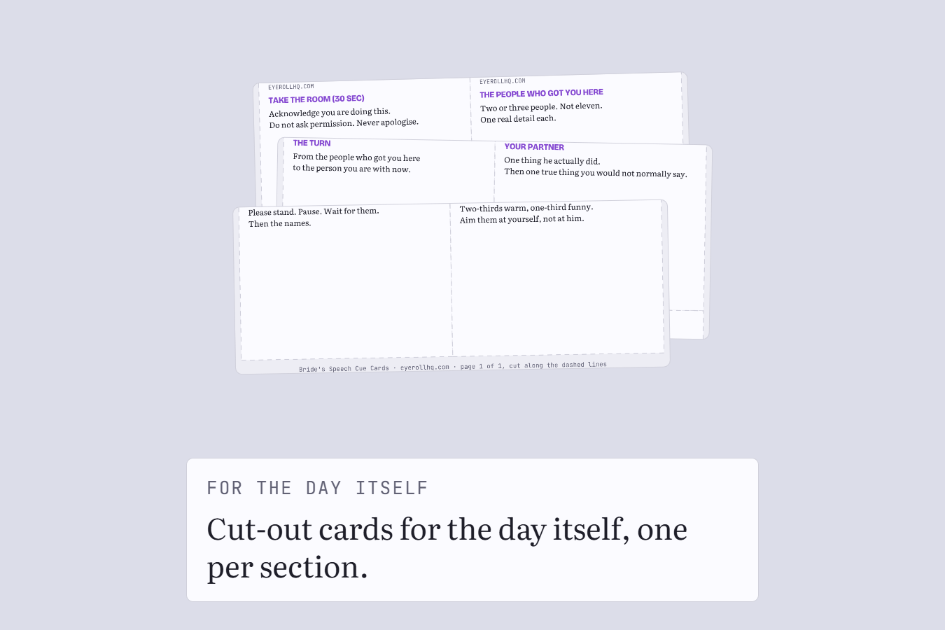 Cut-out cue cards, one per section of the speech