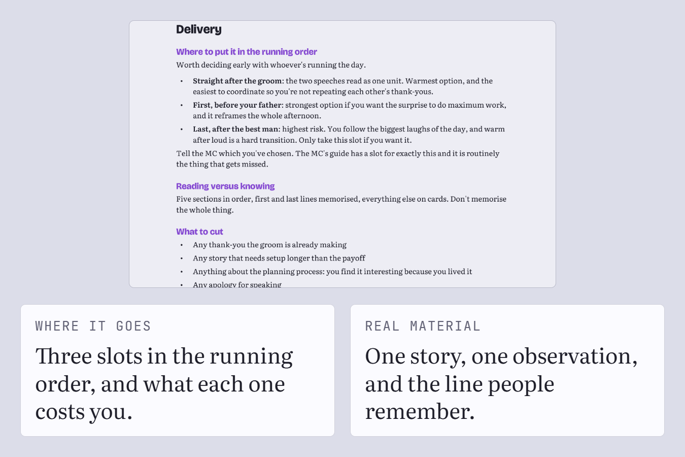 The guide page on where to put the speech in the running order