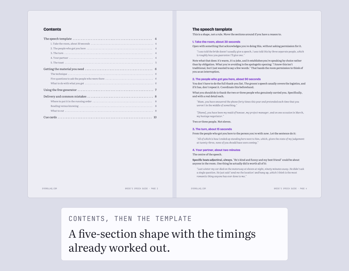 The guide's contents page next to its template page