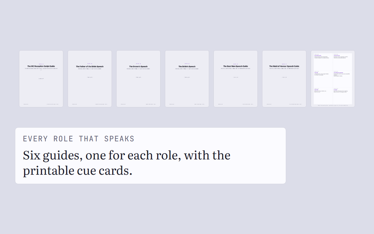Covers of all six speech guides with a printable cue card sheet, laid out together