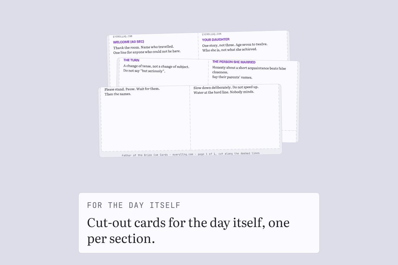 Cut-out cue cards, one per section of the speech
