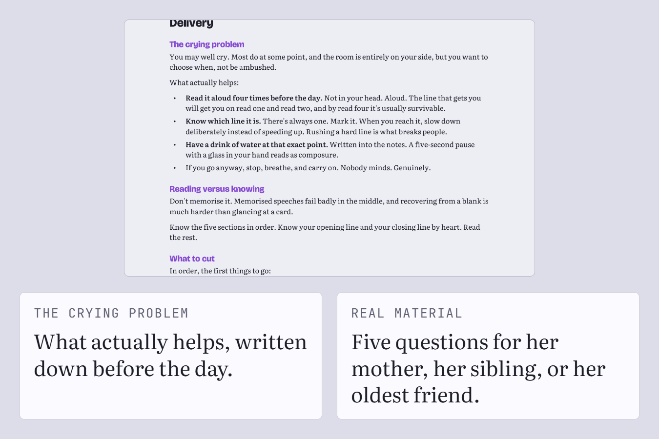 The guide page on what to cut from the speech