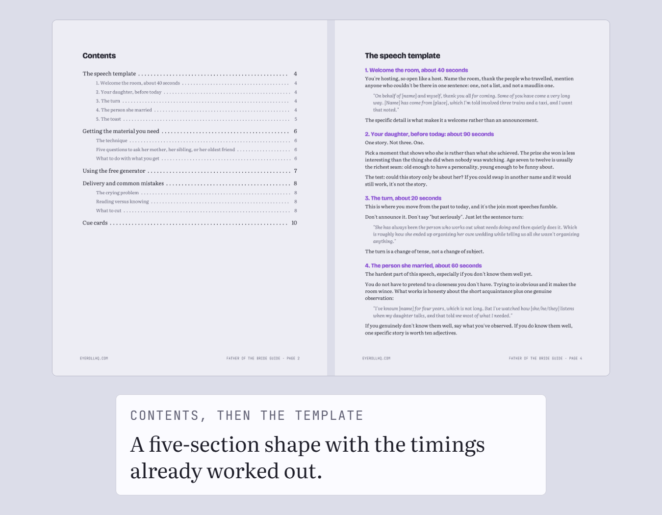 The guide's contents page next to its template page