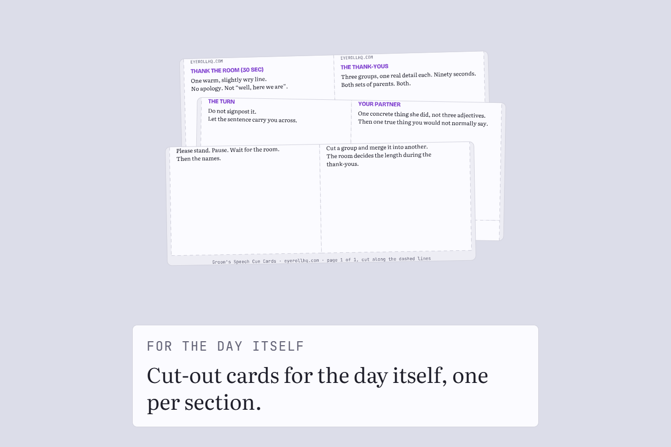 Cut-out cue cards, one per section of the speech