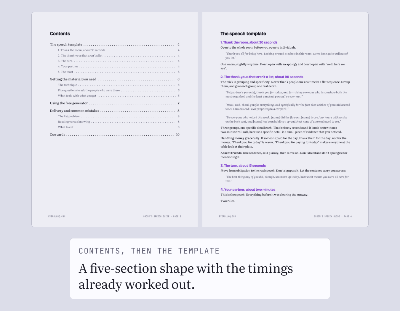 The guide's contents page next to its template page