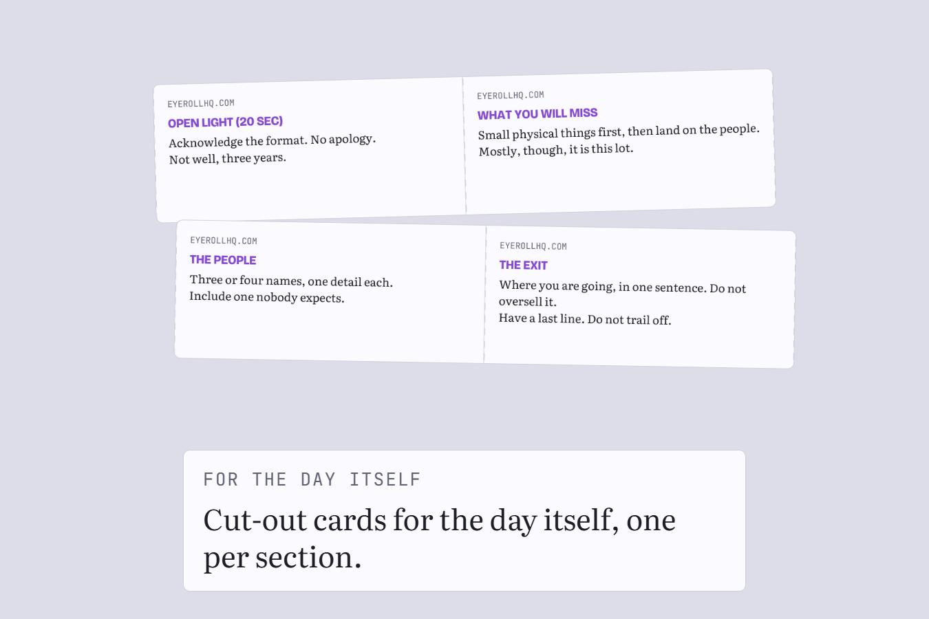 Cut-out cue cards, four for a shorter speech