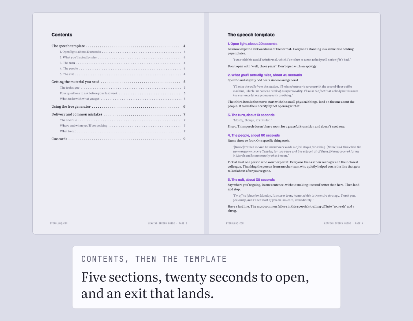 The guide's contents page next to its template page