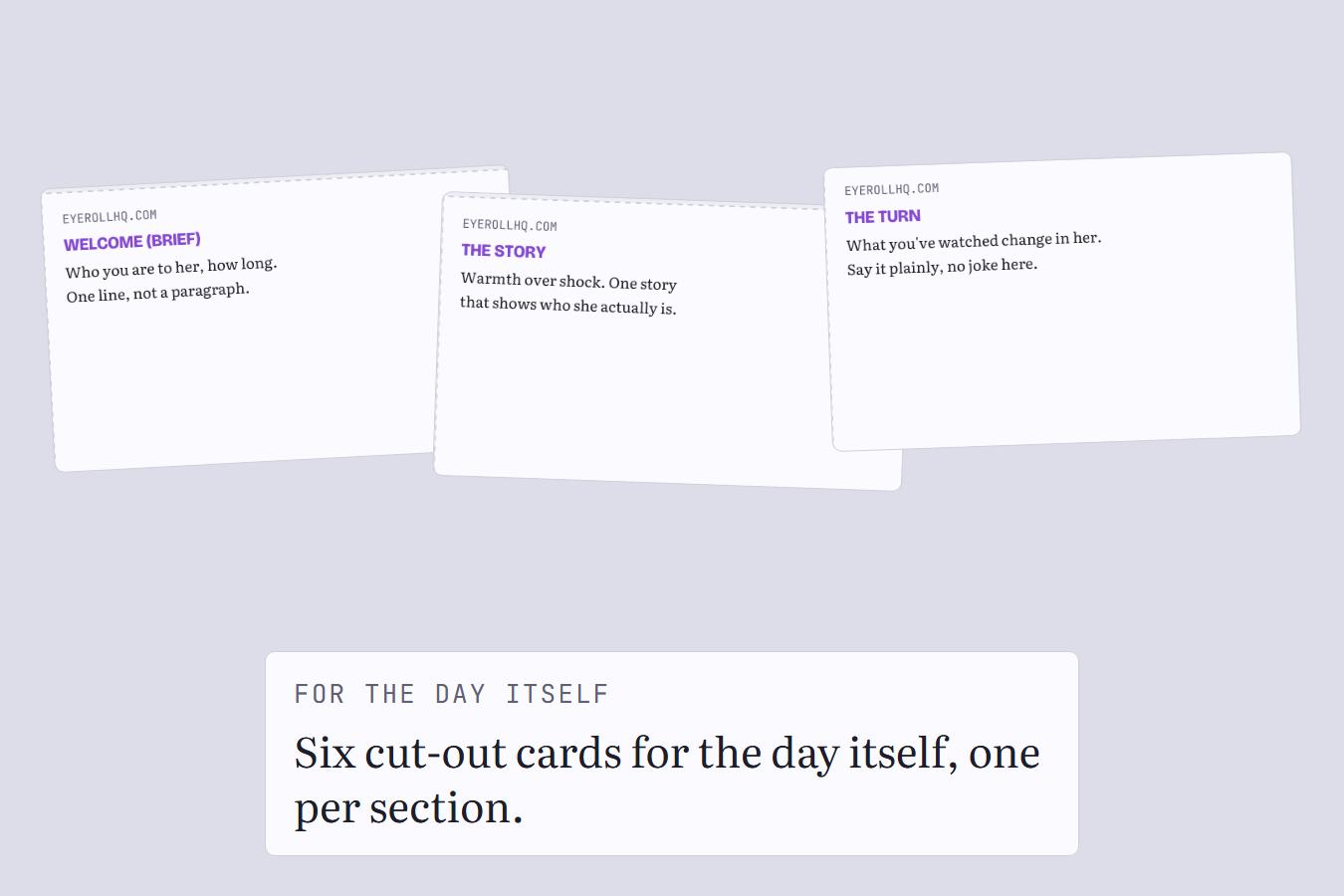 Three printable cue cards cropped from the real cut-out sheet