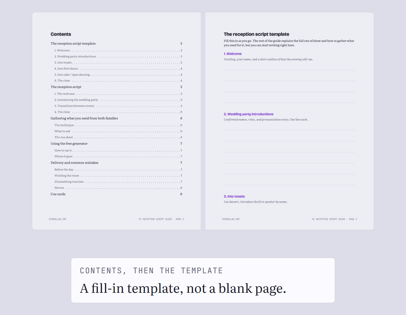 The guide's contents page next to its fill-in reception script template page