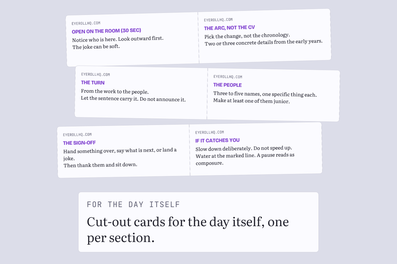 Cut-out cue cards, one per section of the speech