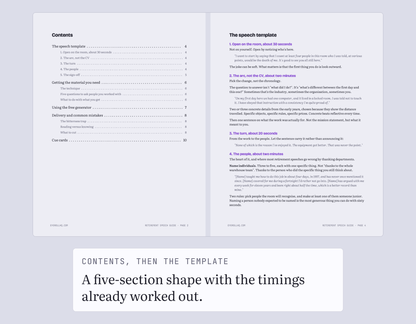 The guide's contents page next to its template page