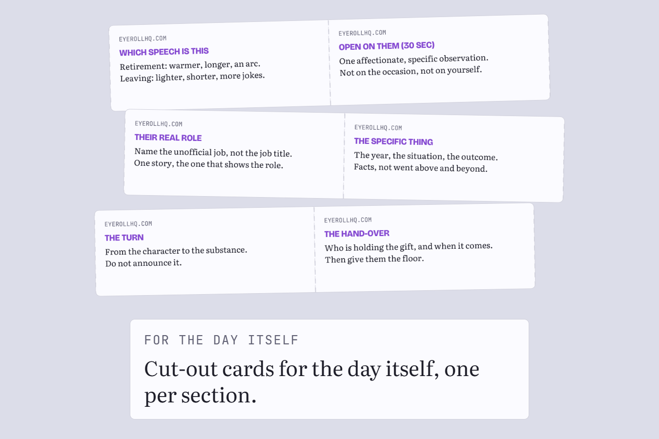Cut-out cue cards, one per section of the speech