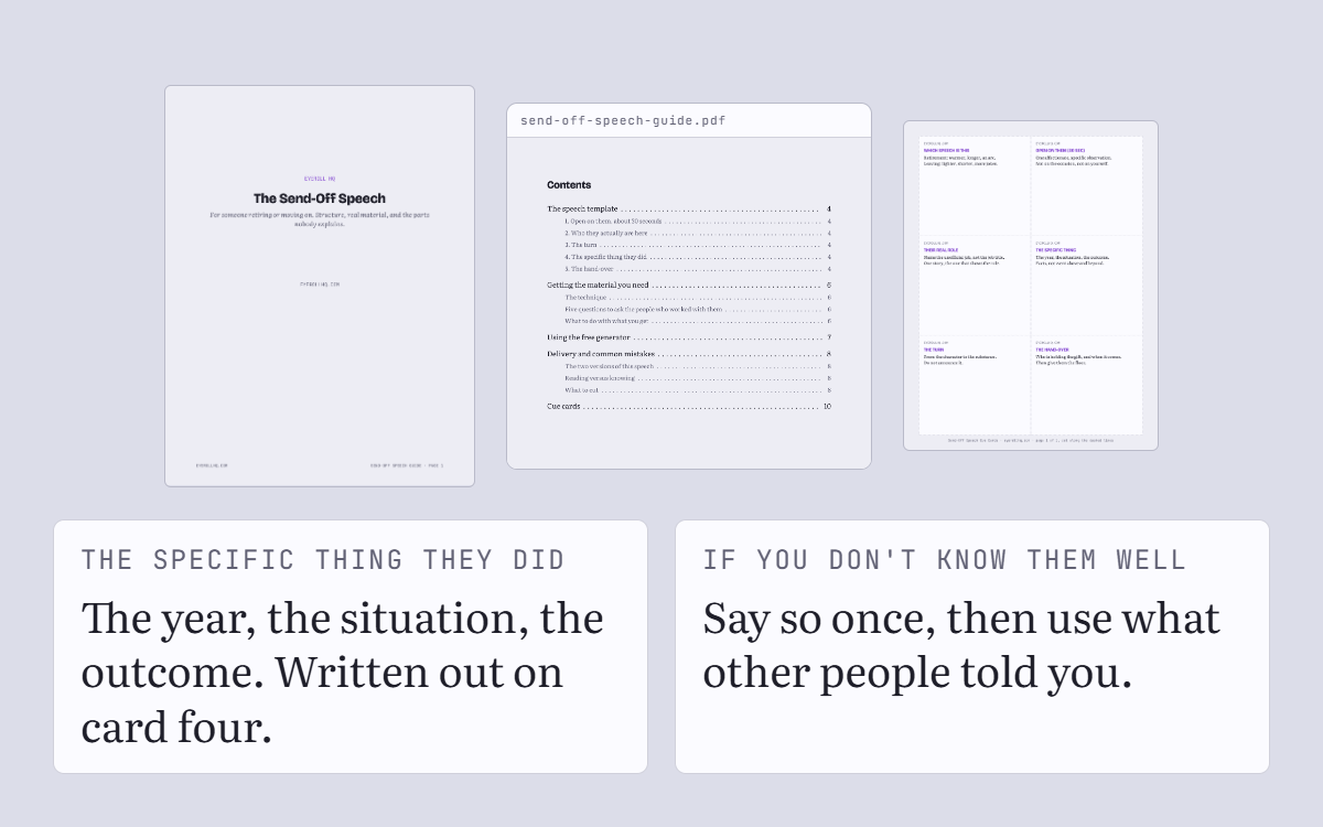 Send-off speech guide: cover, contents and cue cards