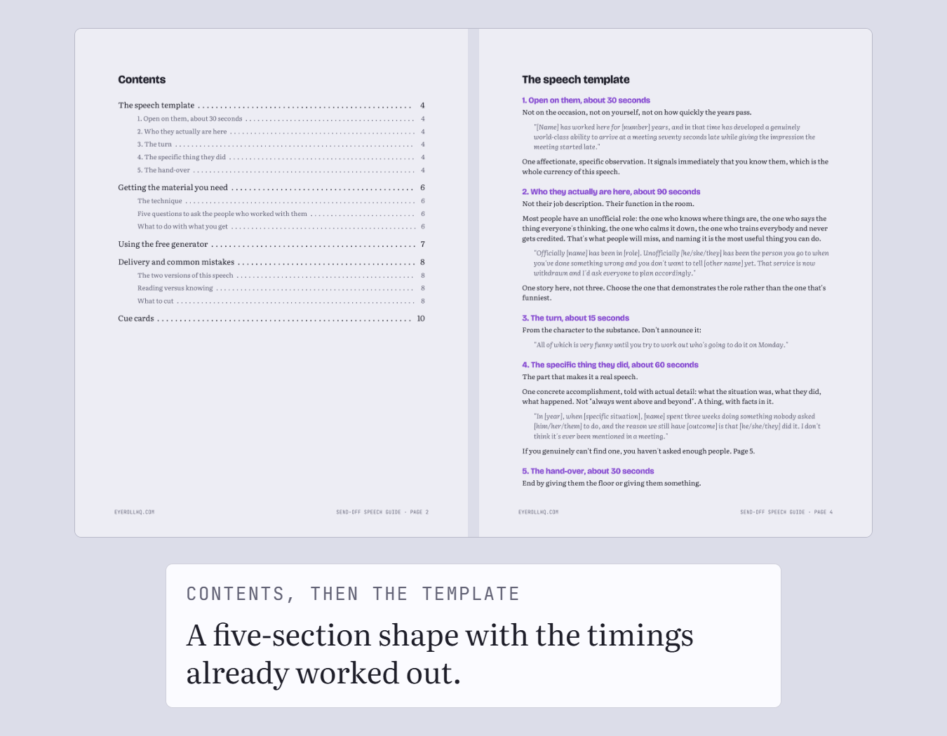 The guide's contents page next to its template page