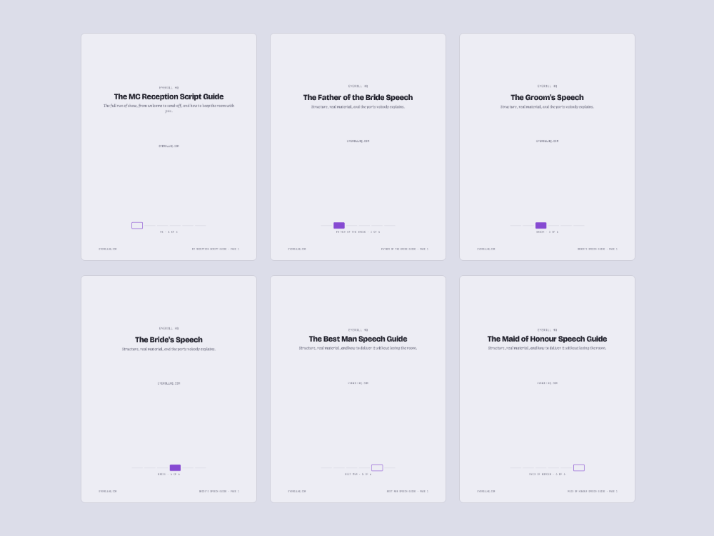 Covers of all six wedding speech guides: MC, father of the bride, groom, bride, best man and maid of honour